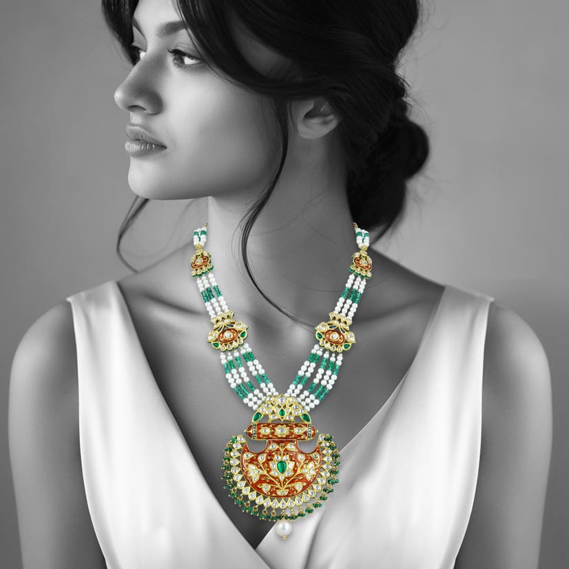 Red Enamel Polki Pendant Necklace with Pearls & Emerald Beads